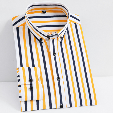 Men's Fashion Non-iron Stretch Soft Casual Striped Shirts Pocket-less Design Long Sleeve Standard-fit Youthful Button-down Shirt ► Photo 1/6