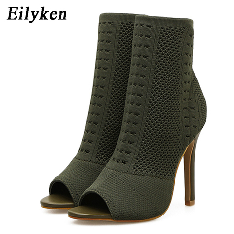 Eilyken Womens Boots Green Elastic Knit Sock Boots Ladies Open Toe High Heels Fashion Kardashian Ankle Boots Women Pumps ► Photo 1/6