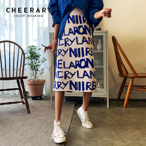 CHEERART Sweater Skirt Women Letter Print Knitted Korean Skirt Hgih Waist Long Winter Wrap Skirt Designer 2022 Fashion ► Photo 1/6