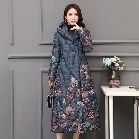 Chinese Style Women's Winter Down Jacket X-long Printing Plus Size Thick Outwear Hooded Loose Covered Button Female Cold Coat ► Photo 1/6