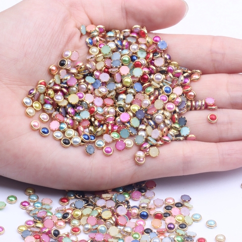 4-6mm 100Pcs Colorful Half Round Pearls Metal frame Rhinestone DIY Nail Art Nail Beads Beauty Decoration Glitter Nail sticker ► Photo 1/6