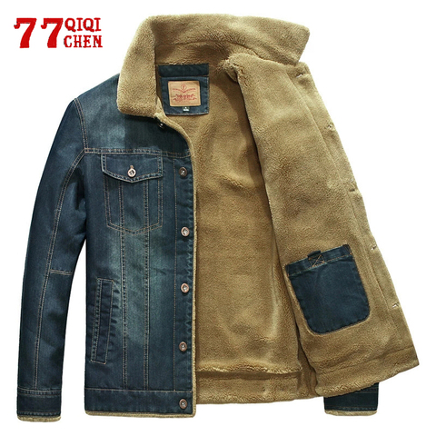 Denim Jackets Men Fleece Warm Cowboy Windbreaker Outerwear Male Multi-pocket Fur Collar Mens Bomber Jacket Plus size 6XL Coats ► Photo 1/6