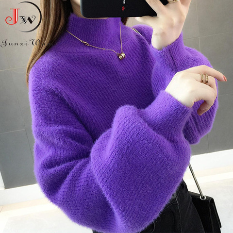 Thick Mohair Women Sweaters Turtleneck Soft Lantern Sleeve Short Pullovers Fashion Autumn Winter Sweater Solid Women Jumpers ► Photo 1/6