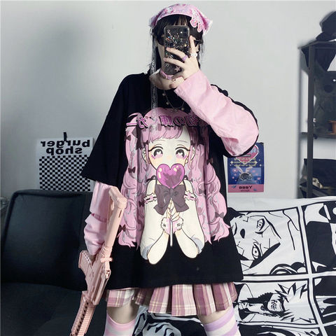 Autumn woman tshirts Japanese ins cute anime printing harajuku loose fake two-piece long-sleeved aesthetic female t-shirt top ► Photo 1/6