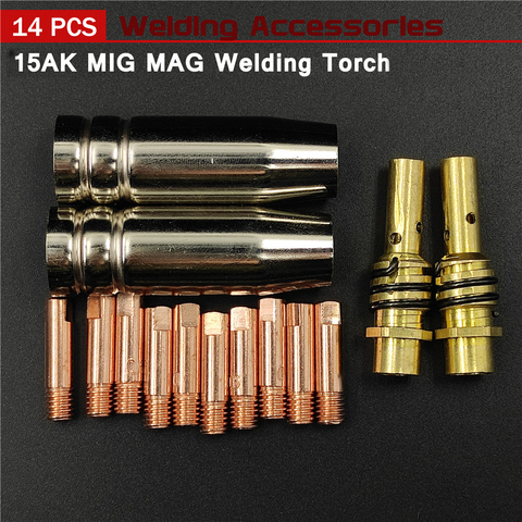14Pcs 15AK Welding Torch Consumables 0.6mm 0.8mm 0.9mm 1.0mm 1.2mm MIG Torch Gas Nozzle Tip Holder of 15AK MIG MAG Welding Torch ► Photo 1/5