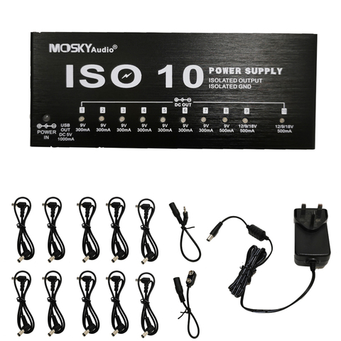 MOSKY ISO-10 Guitar Effect Pedal Power Supply 10 Isolated DC Outputs & One 5V USB Output for 9V 12V 18V Guitar Effects Accessory ► Photo 1/6