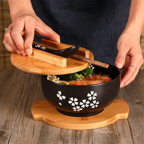 Japanese Style Rice Noodle Bowl with Lid Spoon and Chopstick Kitchen Tableware Ceramic Salad Soup Bowl Food Container Dinnerware ► Photo 1/6