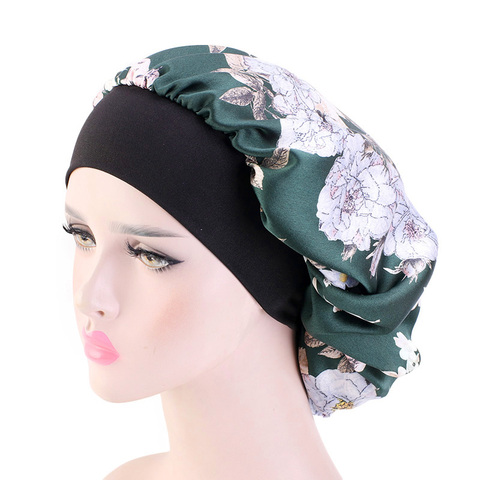 Satin Bonnets for Women Black Wide Elastic Band Floral Print Silky Headwrap Ladies Hair Cover Hat Night Sleeping Cap ► Photo 1/6