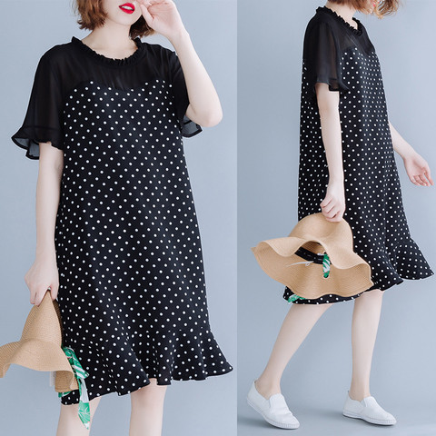 2022 Summer Plus Size Women's Chiffon Dress Straight Wave Dot Loose lotus leaf fishtail Dress Summer Dresses M63 ► Photo 1/6