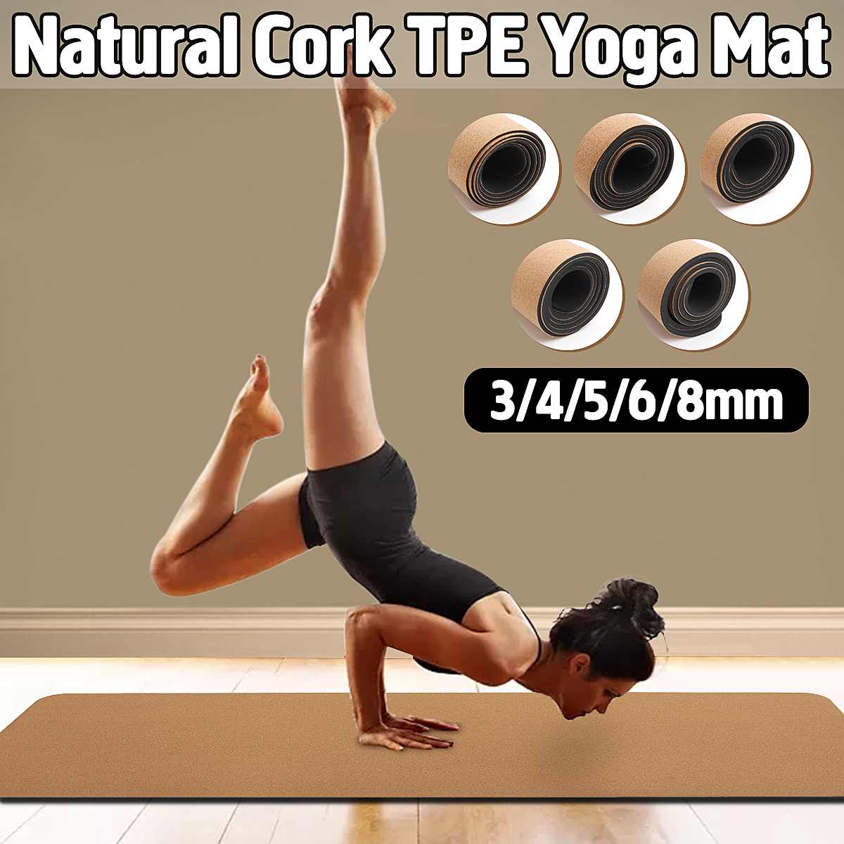 4/5/6/8 mm Natural Cork TPE Yoga Mat Non-slip Fitness Gym Exercise Sports Absorb Sweat Pilates Pads 183X61cm Yoga Mats ► Photo 1/6