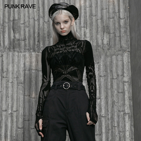 PUNK RAVE Women's Punk Original Circuit Board Pattern Mesh T-shirt Gothic Daily Tight Sexy Club Women Tops ► Photo 1/6