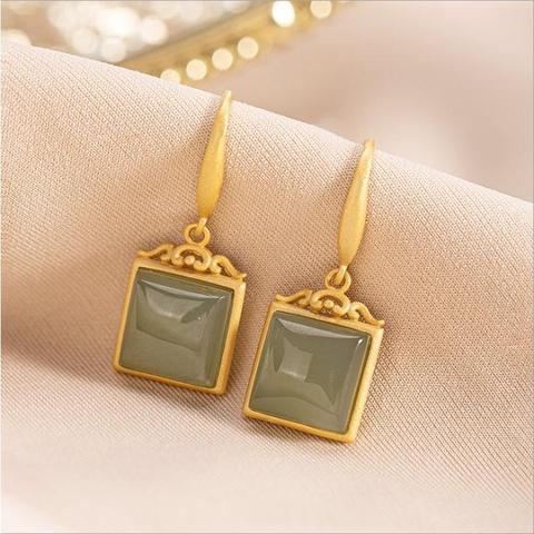 SNew silver natural Hetian sapphire geometric earrings Xiangyun square Chinese retro temperament charm women brand jewelry ► Photo 1/5