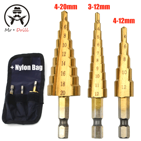 3-12mm 4-12mm 4-20mm Nylon Bag Packing Power Tools Wholesale Price 3pcs/set Metal Drilling HSS Step Drill Bits ► Photo 1/6