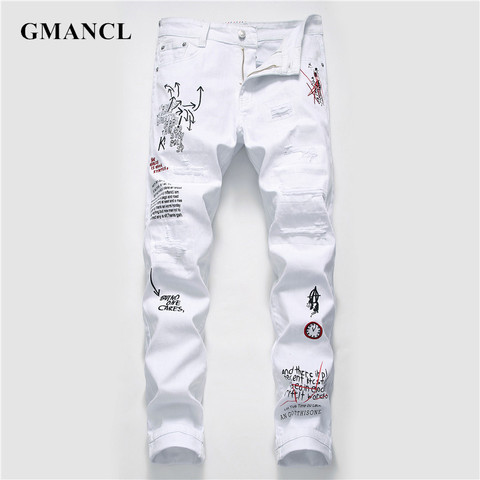 New Men Streetwear personality Ripped printed white skinny Jeans Hip Hop Punk Casual motorcycle stretch denim jeans trousers ► Photo 1/6