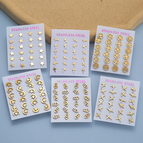 12pairs/Set Cross Star Heart Stud Earrings Set For Women Girls Stainless Steel Life Tree Jewelry  Ear Stud Earrings Accessories ► Photo 1/6