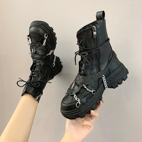 2022 Spring Leather Womens Ankle Boots Mid Heel Lace Up Worker Army Black Goth Shoes Sexy Chain High Quality Motorcycle Boots ► Photo 1/6