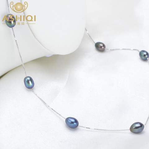 ASHIQI Real 925 sterling silver necklace 7-8mm Real Natural Freshwater pearl necklace White pearl Jewelry for Women Gifts ► Photo 1/6