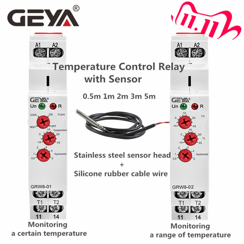 GEYA GRW8-01/02 Din Rail Temperature Control Relay 16A  AC/DC24-240V with Waterproof NTC Sensor Heating & Cooling ► Photo 1/6