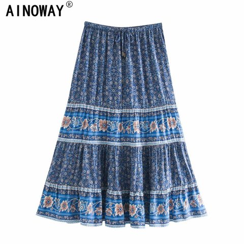 Vintage chic Hippie women floral printed  High Elastic Waist beach Bohemian skirt ladies rayon cotton A-Line  Boho Midi skirt ► Photo 1/6