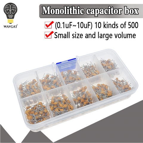 500pcs/lot 10Values*50pcs 0.1uF-10uF(104~106) 50V Multilayer Ceramic Capacitors Assorted Kit Assortment Set with Storage Box ► Photo 1/6