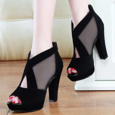 2022 New Summer Women High Heel Shoes Mesh Breathable Pomps Zip Pointed Toe sexy wedding party Zapatillas Mujer Square heel ► Photo 1/6