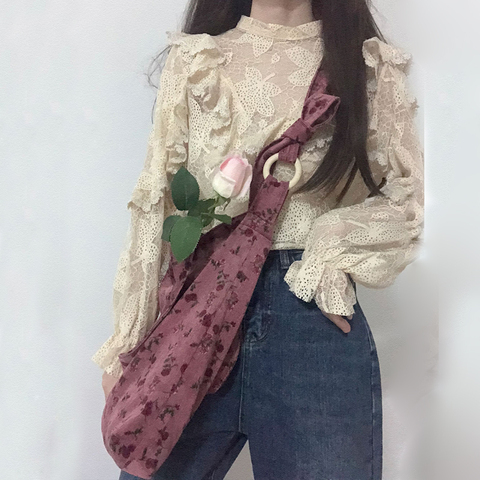 Hylhexyr ins Casual Totes Female Corduroy Shoulder Cloth Bag Rose Flower Printing Fashion Messenger Bag Large Capacity Handbag ► Photo 1/6