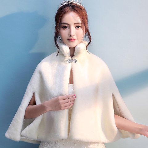 Women Ivory Faux Fur Wedding Bridal Cloak Winter Warm Evening Party Cape Bridesmaid Prom Bolero Jacket Mandarin Collar Coat ► Photo 1/6