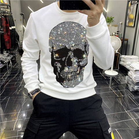 European Winter 2022 Brand Men's Hoodie Shiny Skull Hot Diamond Fashion Hoody Fleece Warm Casual Sweatshirt Street Star Oversize ► Photo 1/6