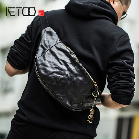 AETOO Men's chest bag, trend one shoulder diagonal cross bag, vintage leather chest bag, leather men's purse ► Photo 1/6