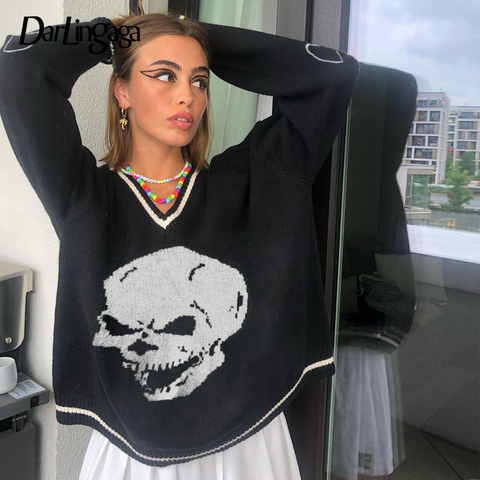 Darlingaga Harajuku Skull Print Loose Autumn Winter Sweater Women Pullovers Casual y2k Knitwear Jumpers 2022 Korean Sweaters New ► Photo 1/6