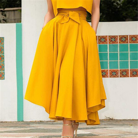 Fashion Women's Ladies Solid Color Bandage Pleated Cocktail Party High Waist  Summer A Line Skirts With Pocket ► Photo 1/6