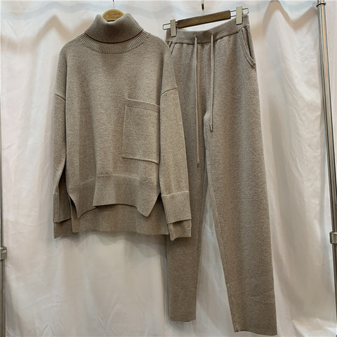 Women's Mink Cashmerer Wool Knit Turtleneck Tops + Wool Pants Suits Female Two Pieces Winter Wool Pullover Pants Sets F2437 ► Photo 1/6
