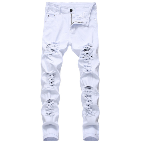 New Arrival Men's Cotton Ripped Hole Jeans Casual Slim Skinny White Jeans men Trousers Fashion Stretch hip hop Denim Pants Male ► Photo 1/6