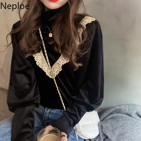 Neploe Lace Ruffle Patchwork Women Velour Blouse Korean Long Sleeve Turtleneck Shirt 2022 Autumn Winter Basic Blusa Mujer 4D952 ► Photo 1/6