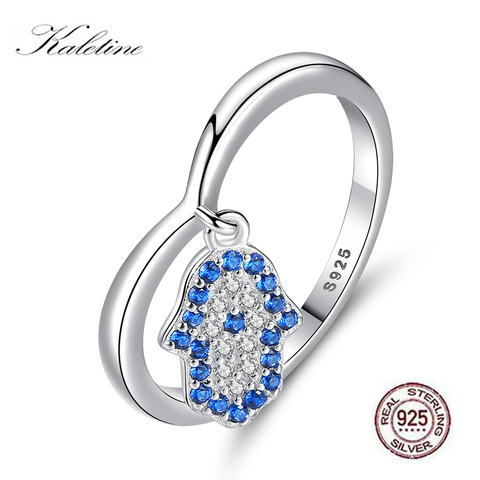 KALETINE 925 Sterling Silver Ring Blue Eye Hamsa Hand Fatima Pendant Evil Eye Rings For Women CZ Heart Ring Wedding Jewelry ► Photo 1/6