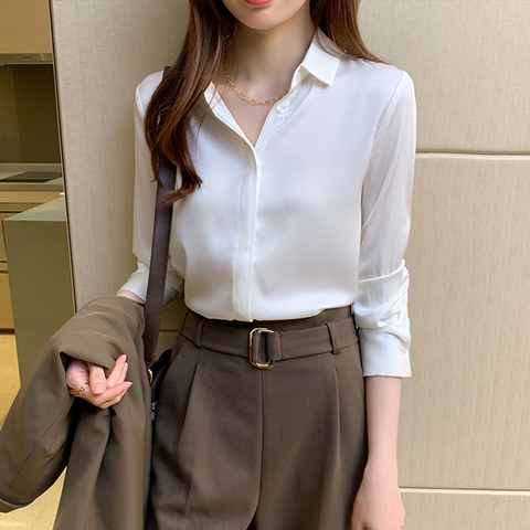 QoerliN Elegant Satin Blouse Autumn Spring Turn-Down Collar Single-Breasted Long Sleeve Female Chiffon Shirt Ladies Blouse Plus ► Photo 1/6