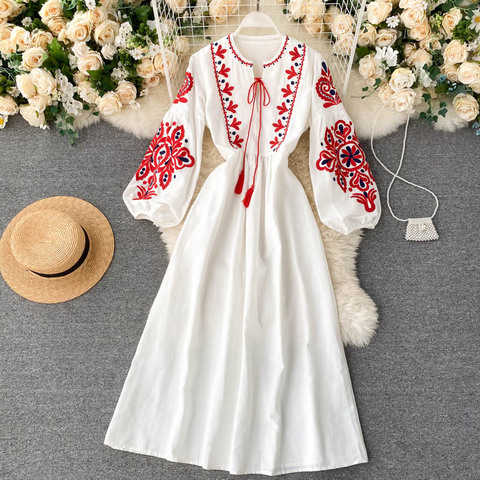 Women Autumn Dresses Bohemian Embroidered Flower O-Neck Lantern Sleeve High Waist Pleated Dress All-match Female Vestidos GK393 ► Photo 1/6