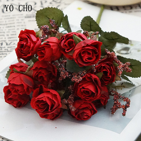 1 Bunch Small Artificial Rose Flowers 15 Heads Flannel DIY Fake Floral for Wedding Wall Table Door Party Home Decor Fabric Flore ► Photo 1/6