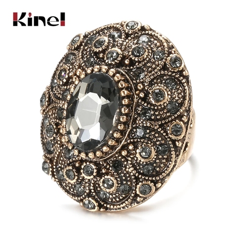 Kinel New Oval Gray Crystal Flower Ring For Women Antique Gold Color Vintage Jewelry Party Accessories Luxury Gifts 2022 New ► Photo 1/6