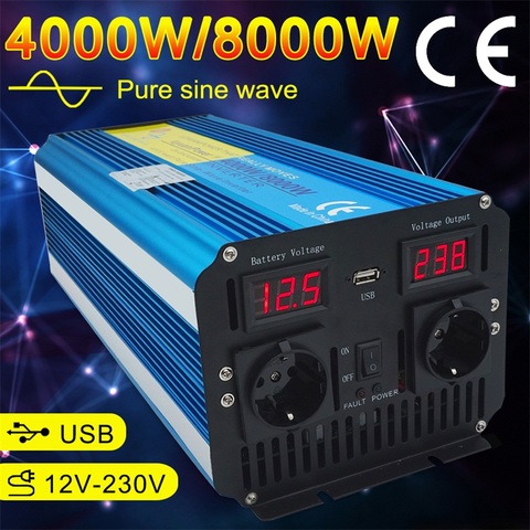 Dual LED Display 8000W pure sine wave power inverter DC 12V/24V TO AC 220V/230V/240V with 3.1A USB dual EU socket ► Photo 1/6