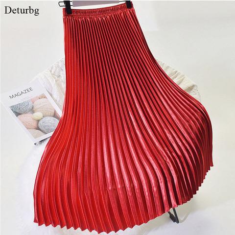 Korean Women Fashion Pleated Satin Long Skirt Female Chic Streetwear Elastic High Waist Red Skirts Saia 2022 Autumn Winter SK245 ► Photo 1/6