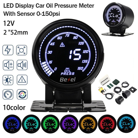 2022 Car Electronics Multicolor Digital LED Display Car Oil Pressure Meter With Sensor 2 in 52mm 0-150psi 4 buzzer levels. ► Photo 1/6