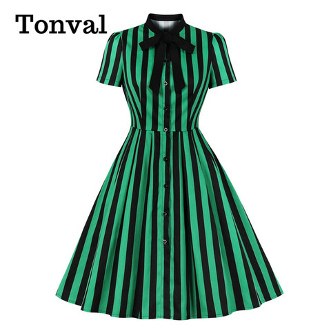 Tonval Bow Tie Neck Green Striped Vintage Robe Button Up Elegant Dresses for Women Office Lady Cotton Plus Size Retro Dress ► Photo 1/6