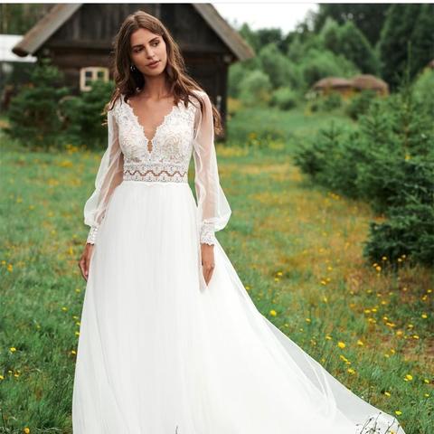 Wedding Dress 2022 Long Puff Sleeve V-Neck Floor Length Tulle White Sweep Train Simple Bridal Gowns Gorgeous Women Unique Lace ► Photo 1/5