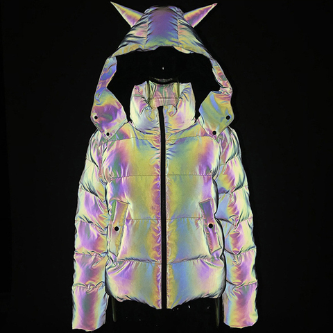 Winter Women Rainbow Reflective Horn Hooded Parkas Down Bubble Coat Puffer Jacket Bling Luminous Cute Hooded Down Jacket Outcoat ► Photo 1/6