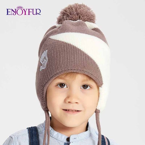 ENJOYFUR Boys Real Fox Fur Pompom Hats For Winter Warm Geometric Cotton Kids Beanies Thick Knitted Ears Boys Cap ► Photo 1/6