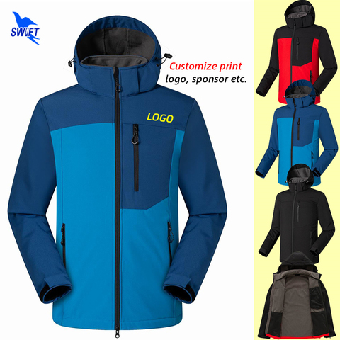 Customize LOGO Men's Waterproof Hiking Camping Clothing Winter Thermal Fleece Hooded Coat Outdoor Ski Climbing Softshell Jacket ► Photo 1/6