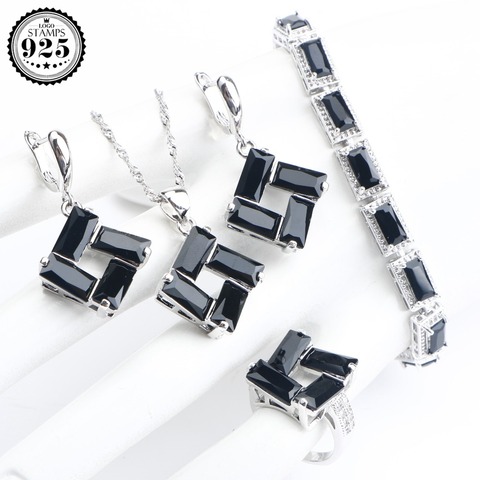 Women 925 Sterling Silver Jewelry Sets Earrings Balck Zircon Wedding Jewelry Stones Bracelet Ring Pendant Necklace Set Gifts Box ► Photo 1/6