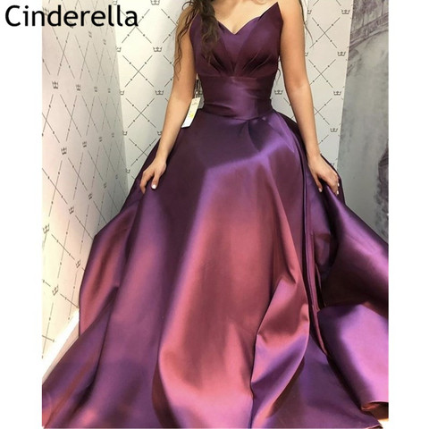 Purple Prom Dresses robe de soiree V-Neck A-Line Sweep Train Satin Prom Dresses With Zipper Back vestidos de fiesta de noche ► Photo 1/6