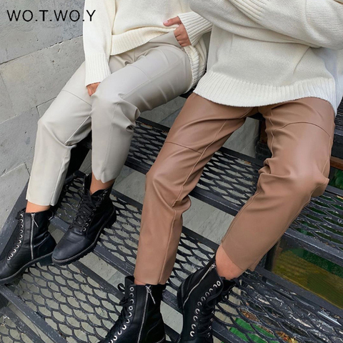 WOTWOY High Waist Spliced Loose Leather Pants Women Autumn Solid Drawstring PU Leather Trousers Women Straight Pants Female 2022 ► Photo 1/6